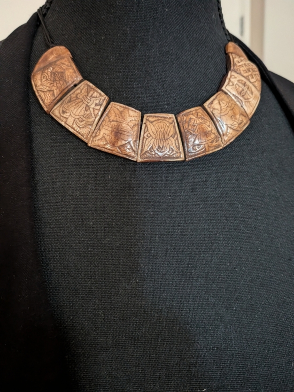 Vintage Hand Carved Yak Bone Tribal Brown Statement Collar Necklace